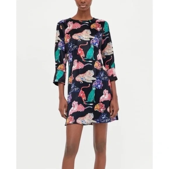 Zara Bold Colorful Tiger Print Mini Dress Sz M - Picture 1 of 10